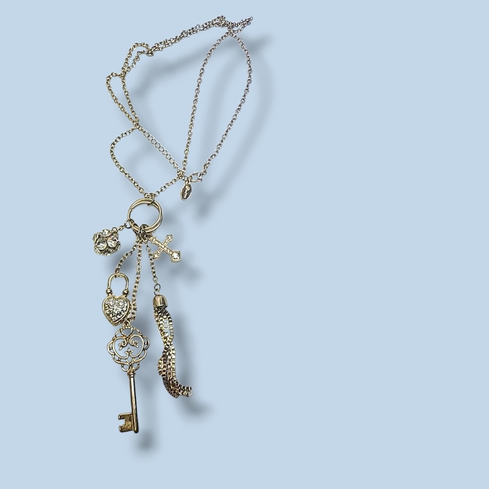 Gold Tone & Rhinestone Trinket Charm Pendant Necklace 32" Signed Gwen